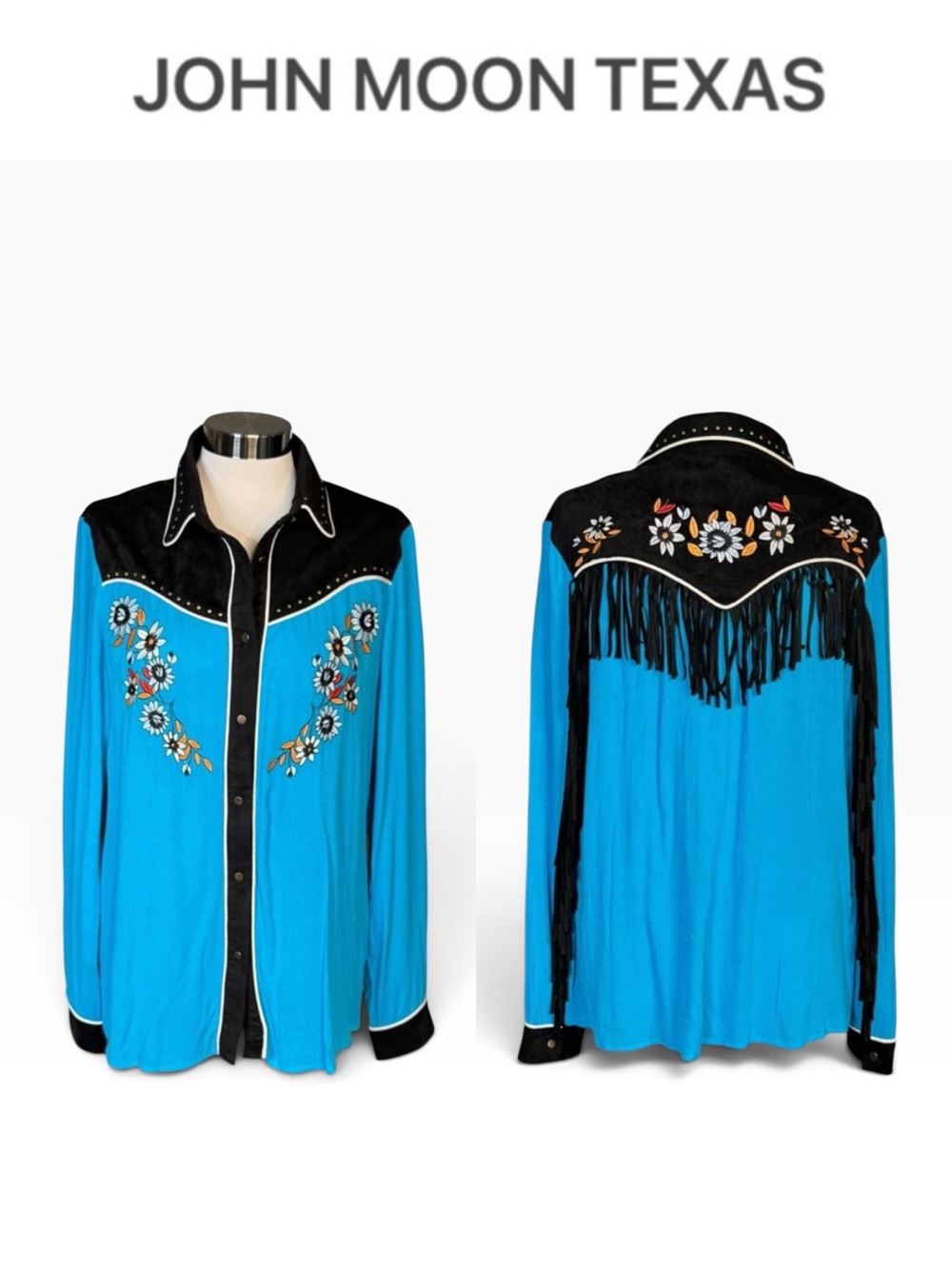 NWT JOHN MOON TEXAS WOMENS WESTERN FRINGE EMBROIDERED STUDDED RODEO SHIRT SIZE L